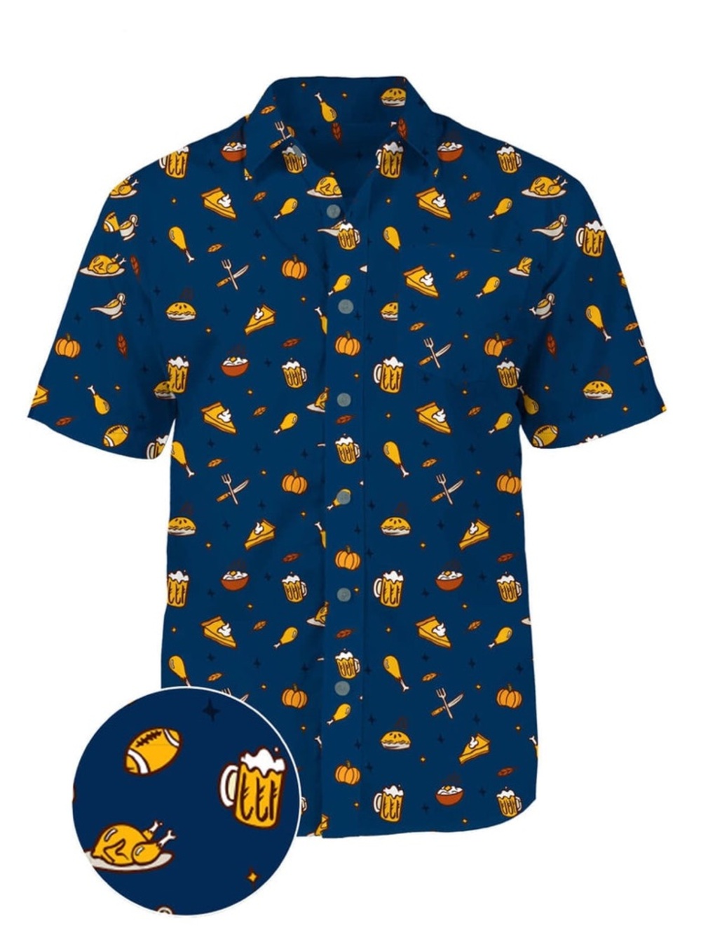 Men's Navy Blue Short Sleeve Button-Up Shirt - Holiday Thanksgiving Feast Print